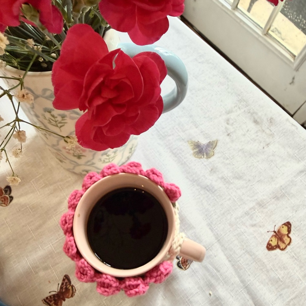 Handmade Crochet Pink Rose Mug Cozy - Floral Cup Sleeve / Warmer - Picture 3 of 6